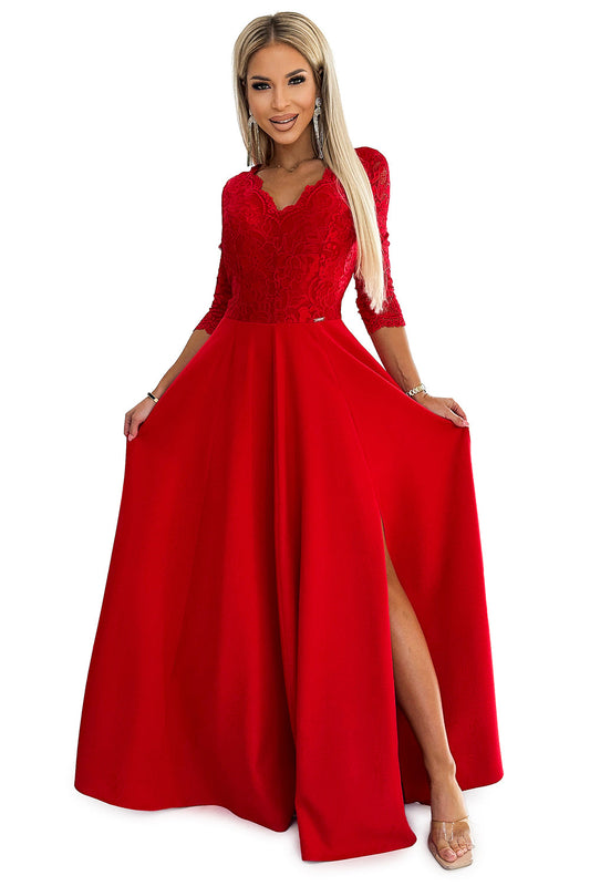 18669-7-309-8 AMBER lace, elegant long dress with a neckline and leg slit - red-7